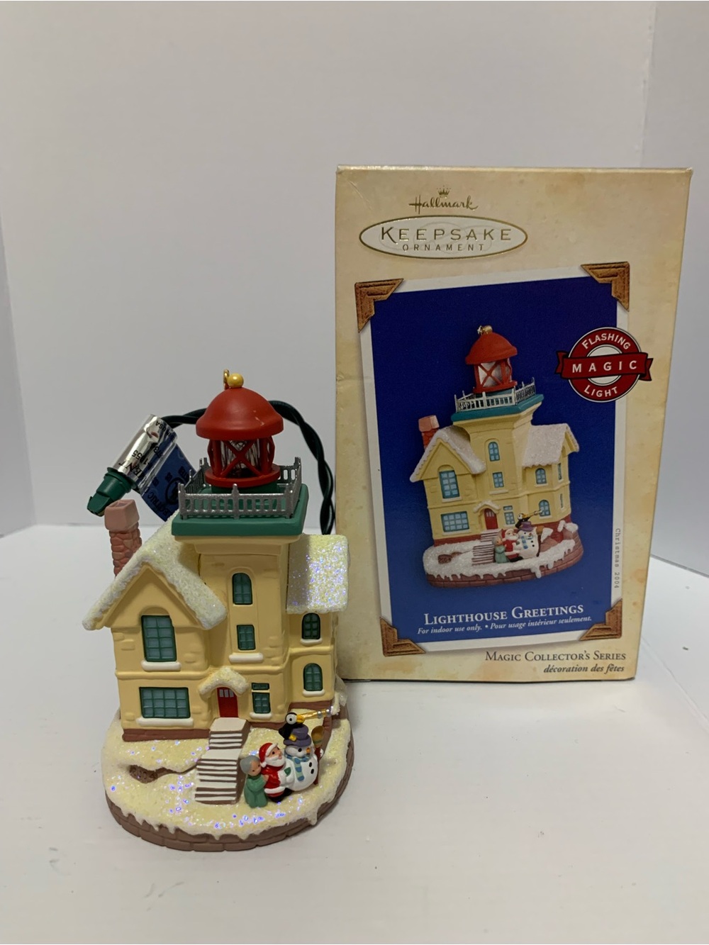 Hallmark Lighted Lighthouse Cottage Ornament in Yellow, Red and Green